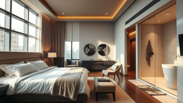 Luxury hotel room in London with elegant decor and modern amenities.