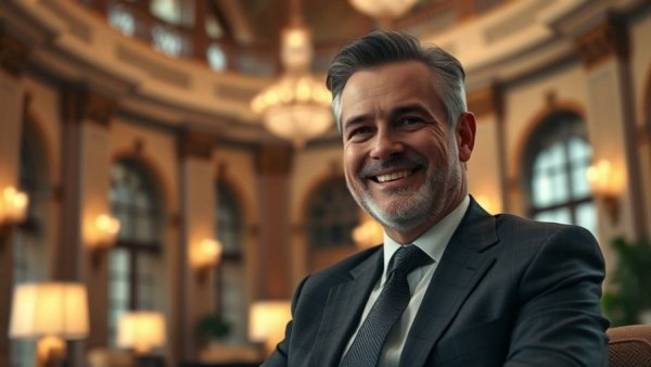 Distinguished man in luxurious hotel setting, warm ambiance.