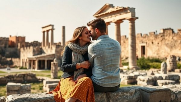 Serene couple exploring ruins on a travel podcast cover, 2 weeks in South America.