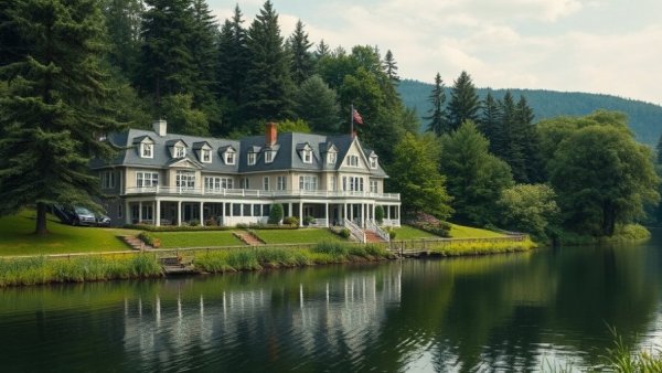 Riverside luxury hotel amidst lush greenery and tranquil river view.