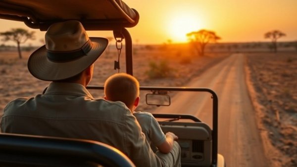 Golden safari adventure at sunset with child and guide