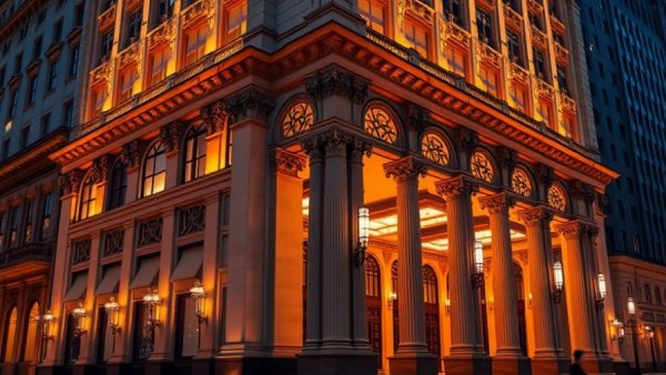 Luxury hotel facade with ornate columns and warm lighting