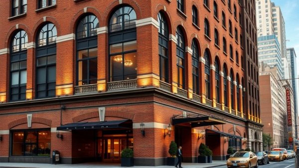 Luxury Hotel New York City with elegant facade and warm lighting.