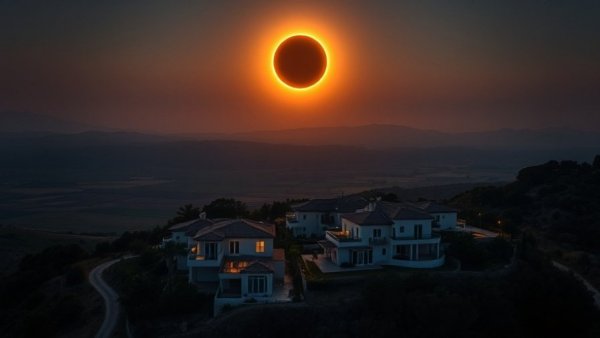Luxury villas Mallorca under solar eclipse, aerial view showcasing celestial event.