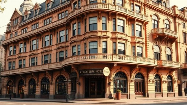 Victorian luxury hotel facade under bright sky.