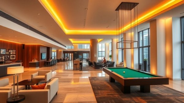Modern hotel lobby with pool table and luxury design, showcasing investment in Euro 330 Million.
