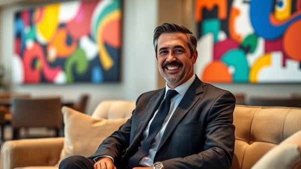 Middle-aged man in a suit at luxury hotel, smiling warmly.