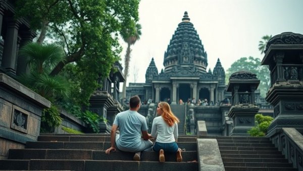 Romantic travel experience at historic temple in Europe, serene couple.