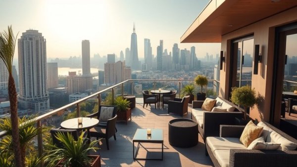 Luxury Hotels and Exclusive Hotel Stays: Elegant terrace with city view.