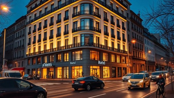 Modern hotel building at night on a European street, hotel valuations Europe.