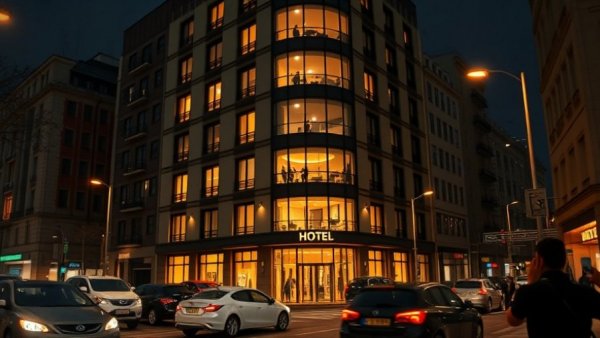 European hotel at night with bustling street and lights.