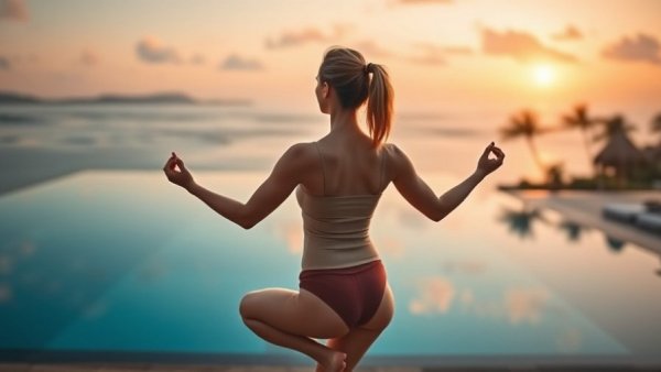 Luxury travel experience: Yoga by an infinity pool at dawn in a tropical paradise.