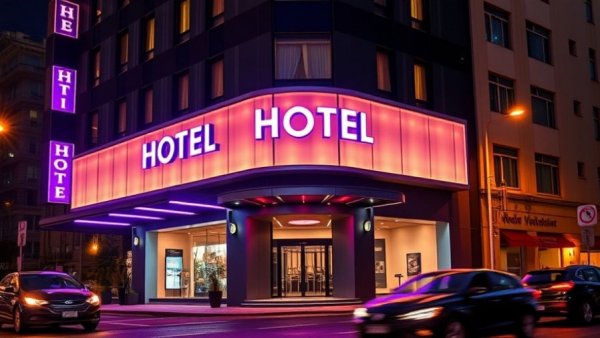 YOTEL hotel exterior showcasing modern design and glowing purple lights.