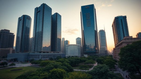 Luxury hotels in Chengdu skyline at dusk.