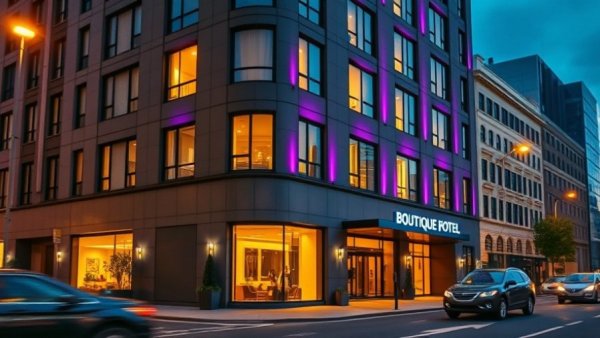 Exterior of exclusive boutique hotel with vibrant lights