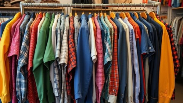 Vintage clothing rack in Barcelona flea markets and secondhand shops.