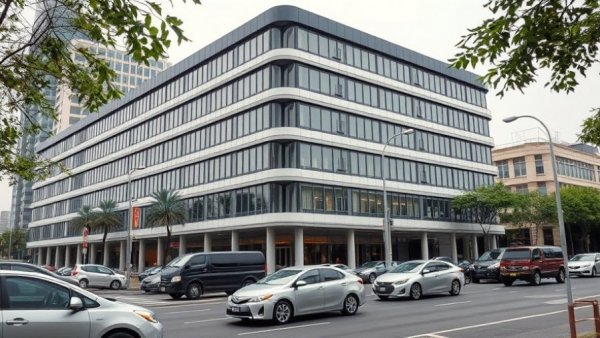 Modern office building in urban London street, overcast sky.