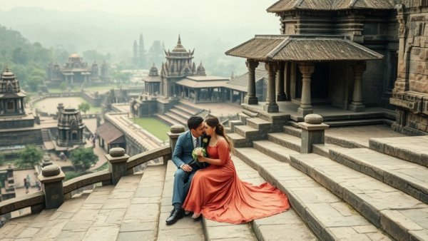 Couple enjoying luxury honeymoon in Africa with temple backdrop.