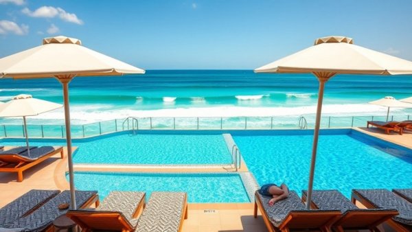 Luxury hotel oceanfront lounge in Marbella with patterned sunbeds and umbrellas.