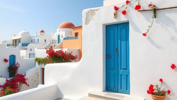 Santorini village charm with blue door and red flowers.