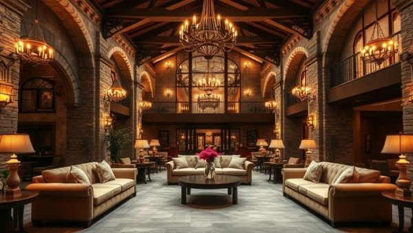 Luxurious rustic hotel lobby with plush sofas and elegant lighting.