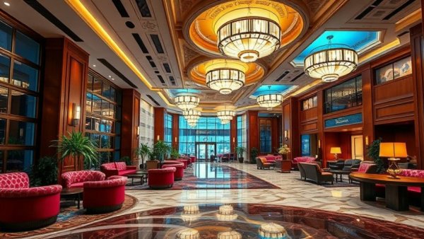 Luxurious hotel lobby with plush furniture, luxury hotel collections.