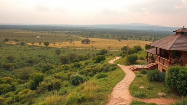 Luxury safari lodges amidst African savannah.