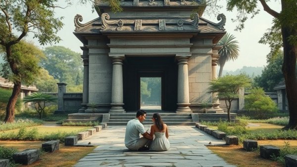 Couple at ancient temple, serene ambiance, travel itinerary for Asia 5 senses
