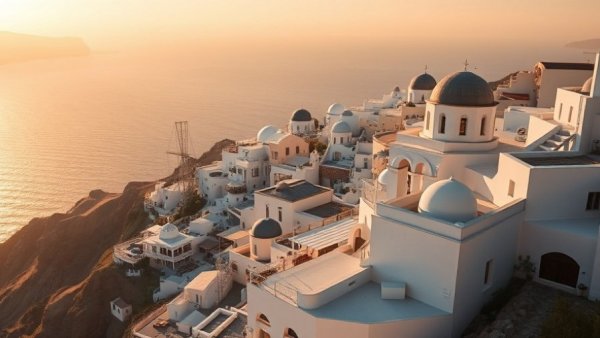 Santorini landscape at golden hour with sunlit buildings.