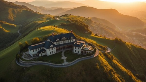 Aerial view of boutique luxury hotel in lush hills.