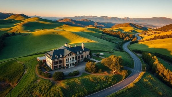 Aerial view of boutique hotel in countryside, highlighting management platform.