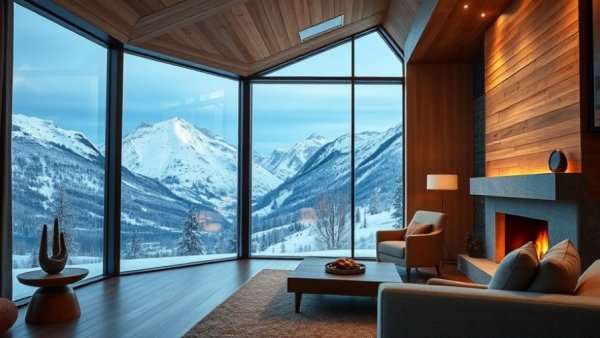 Luxurious resort room with mountain view, cozy fireplace, and elegant decor.