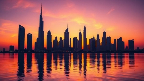 Sunset over Dubai skyline reflecting on water, capturing Middle East allure.
