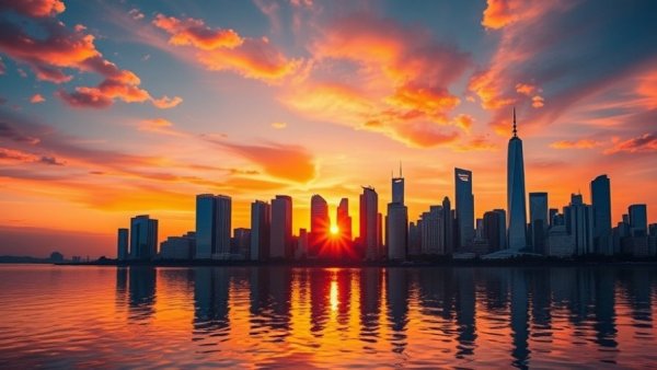 Vibrant city skyline at sunset reflecting on water - Luxury Hotels