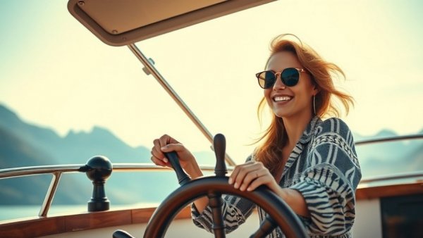 Luxury cruise woman steering a stylish boat wheel with mountain views.