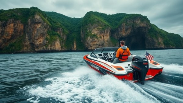 Fast boat to Nusa Penida with passengers under cloudy sky.