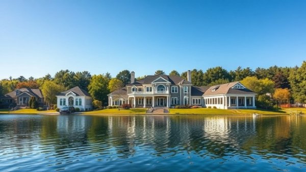 Luxury estate reflecting in a tranquil lake with a clear sky.