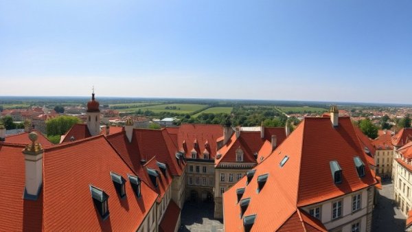 Panoramic view of cityscape featuring red roofs, under blue sky.