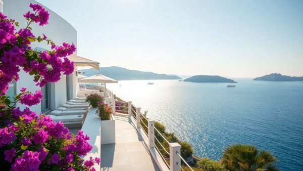 Luxury hotel terrace with stunning coastal view.