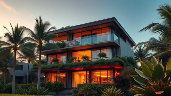 Luxurious boutique hotel exterior with lush plants at dusk.