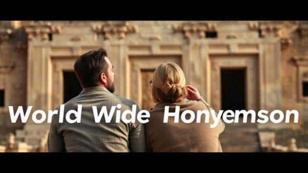 Couple enjoying honeymoon podcast, ancient architecture background.