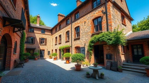 Rustic Italian hotel courtyard with brick and stone walls.