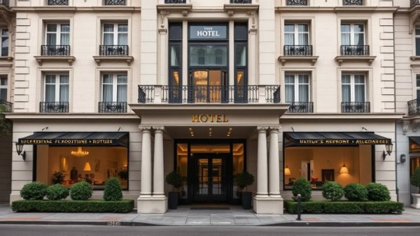 Entrance of a luxury boutique accommodations hotel with classical design.