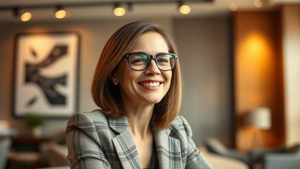 Portrait of a woman in an elegant hotel setting, smiling warmly.