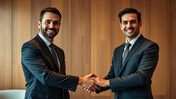 Two men in suits shaking hands in a luxury hotel setting.