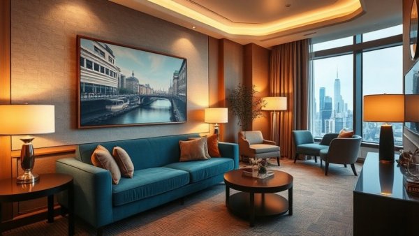 Luxury hotel room with elegant decor and city view.