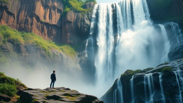 Beautiful waterfalls in the world with a person standing near the cascade.