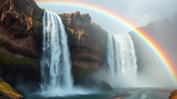 Grand waterfall in Iceland with rainbow, perfect for best guided private tour.