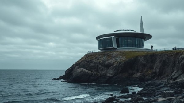 Futuristic structure on Fogo Island cliffside for luxury travel experience.