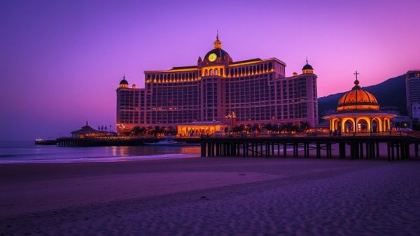 Luxury hotel by the beach at dusk with glowing lights, ideal for honeymooners